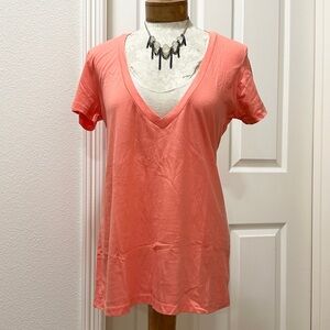 Alloy Women's S/S Deep V-Neck Bright Coral Lightweight T-shirt- XL (Fits like L)